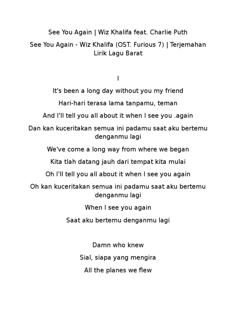 Lirik Lagu See You Again Dan Artinya - Lina Pdf