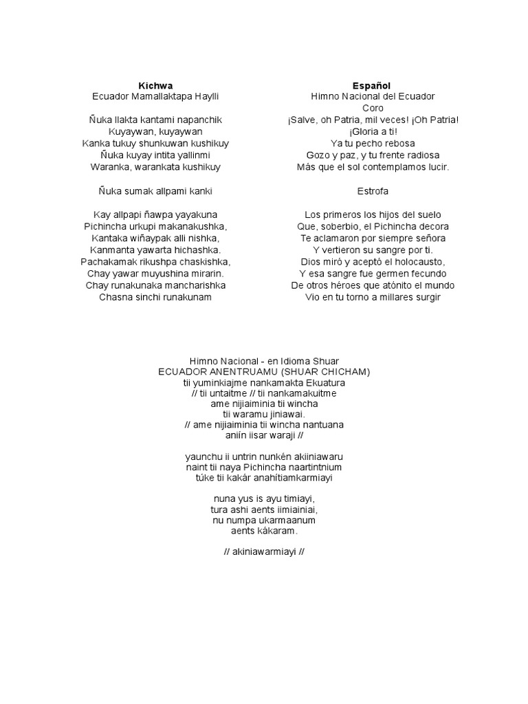 Himno Del Ecuador En Kichwa Shuar Y Espanol Canciones Institucionales Musica Centroamericana