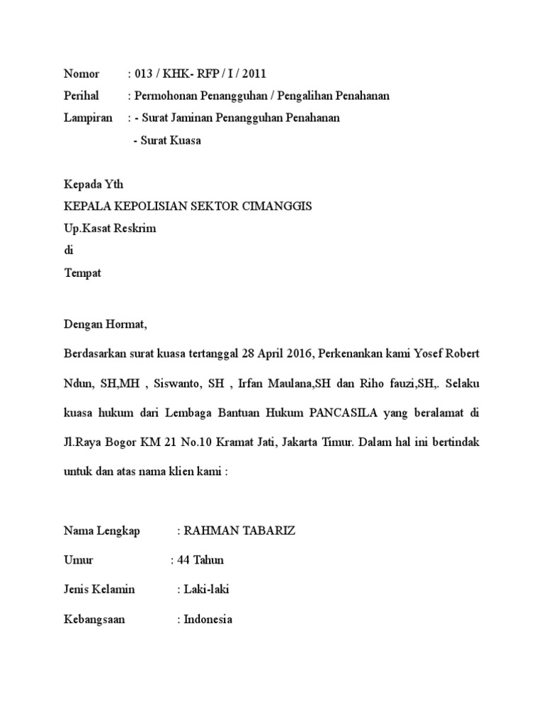 Contoh Penangguhan Tahanan