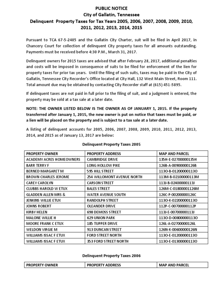City of Gallatin Delinquent Property Tax Public Notice PDF Real