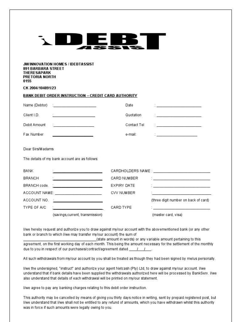 Debit Order Instruction for Credit Card | PDF | Debit Card | Credit Card