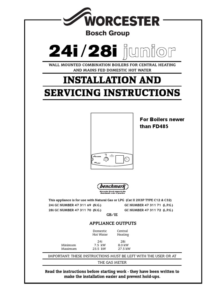 Worcester 24-28 I Junior Installation and Servicing Instructions | PDF | Water  Heating | Duct (Flow)