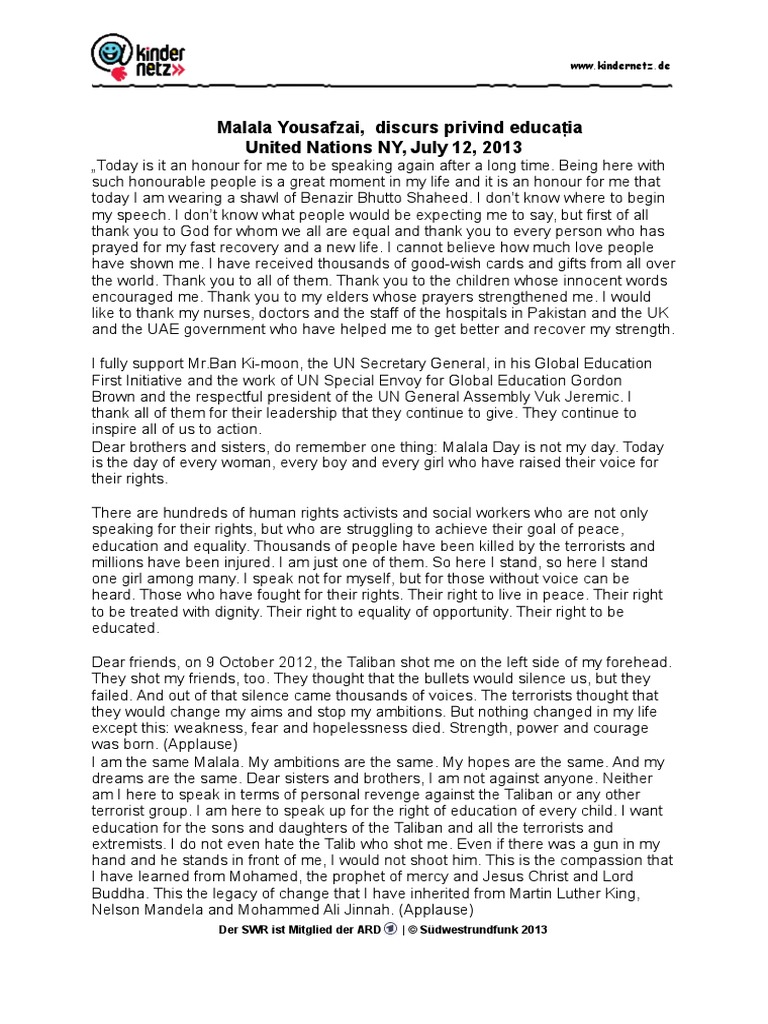 Malala Speech Malala Yousafzai Politics