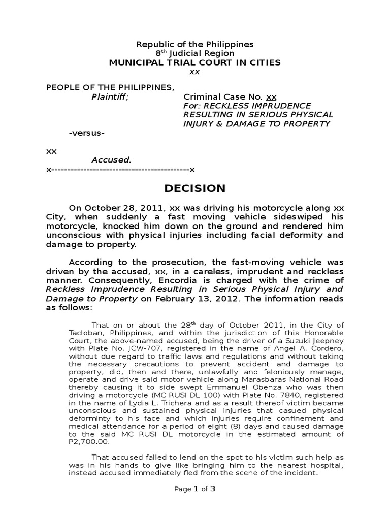 Municipal Court Decision on Charges of Reckless Imprudence Resulting in