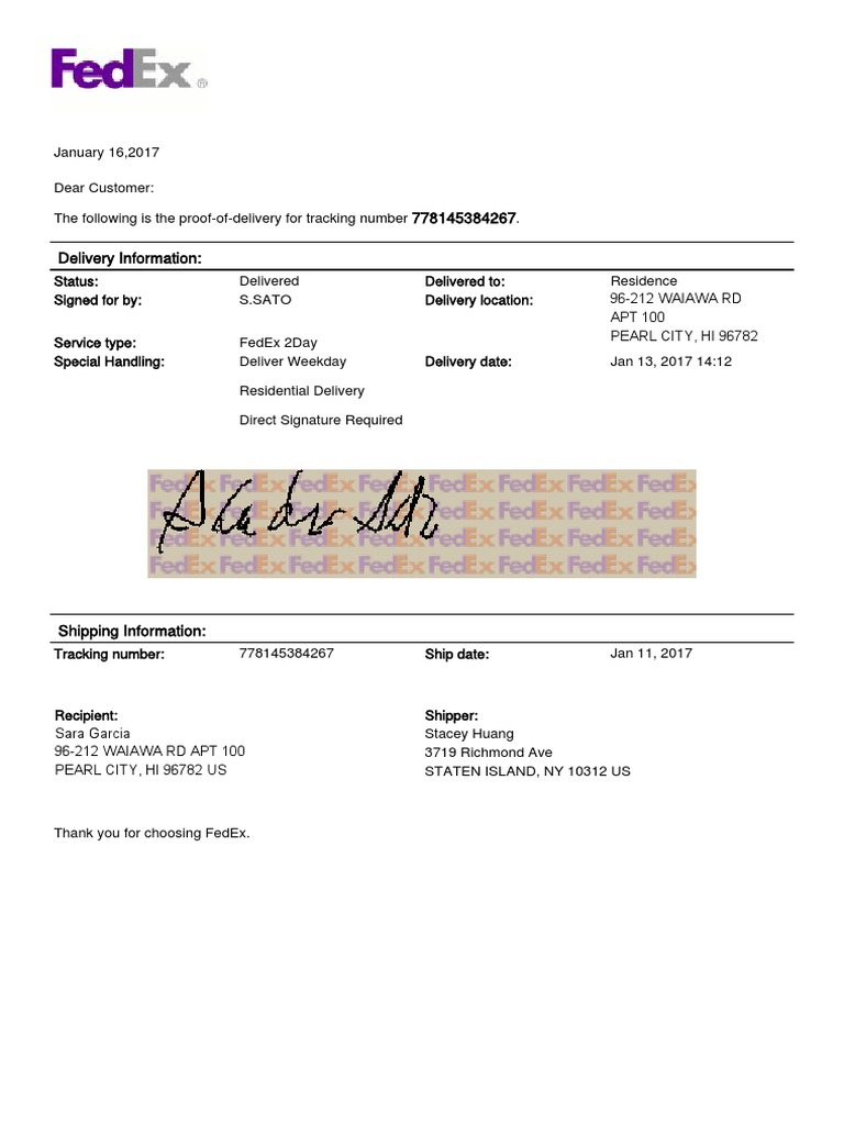 FedEx Delivery Proof for 778145384267 | PDF