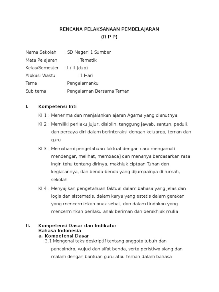 Rpp Kelas 1 Tema 5 Subtema 2