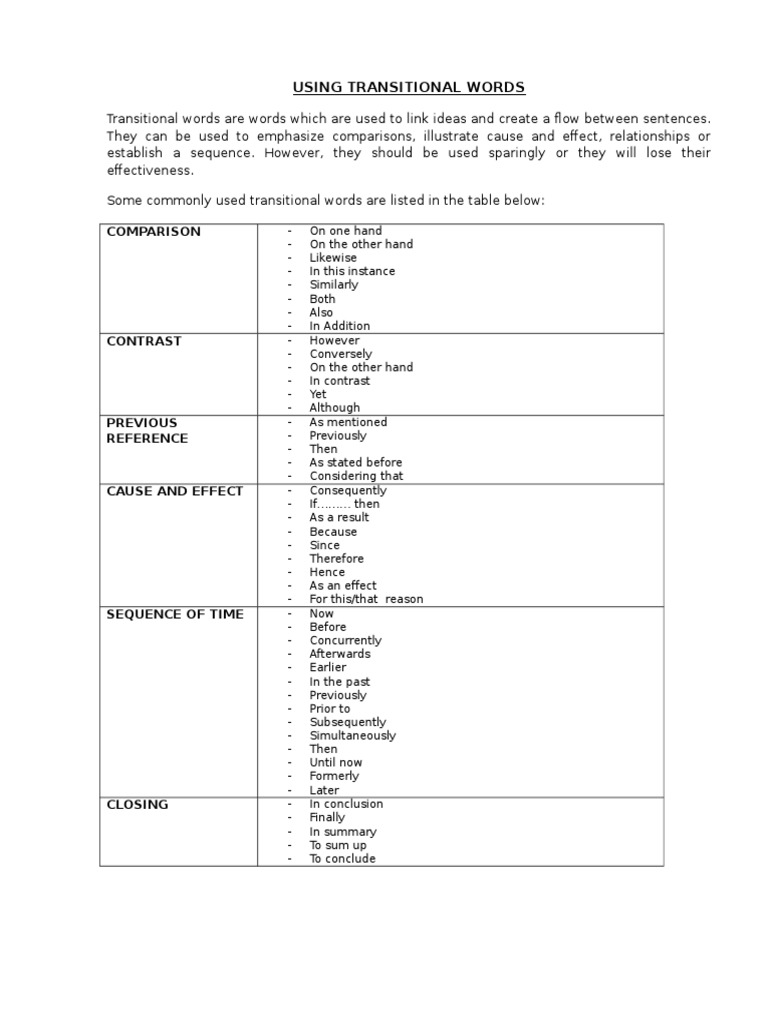 Comparison Using Transitional Words PDF