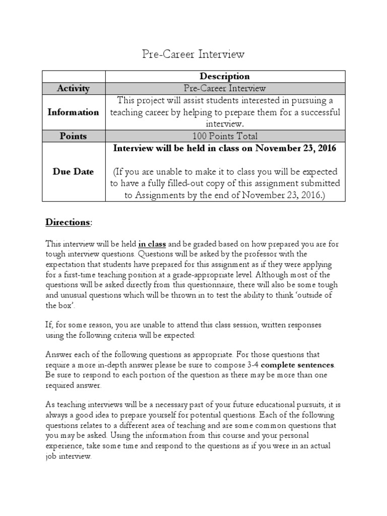 Pre-Career Teaching Interview Guide | PDF | Question | Interview