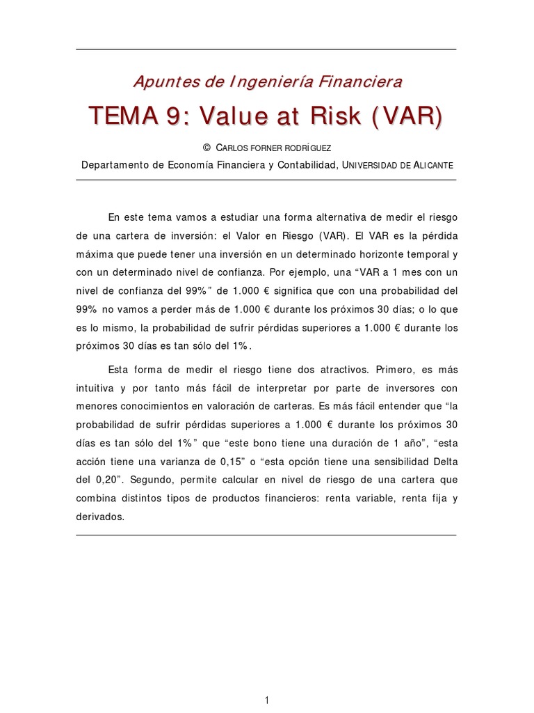 Valor en Riesgo (Var) - Tema 9 | PDF | Valor en riesgo | Negocios ...