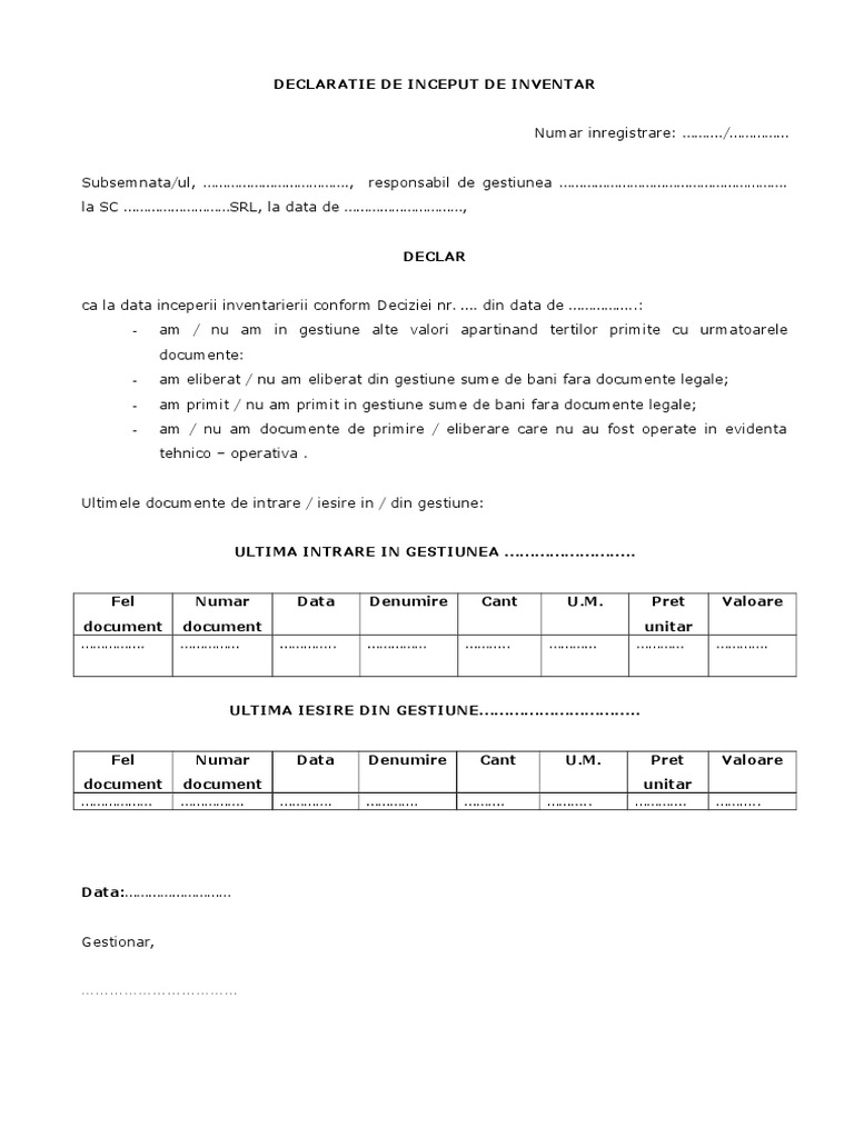 Declaratie Gestionar - Inceput de Inventar | PDF