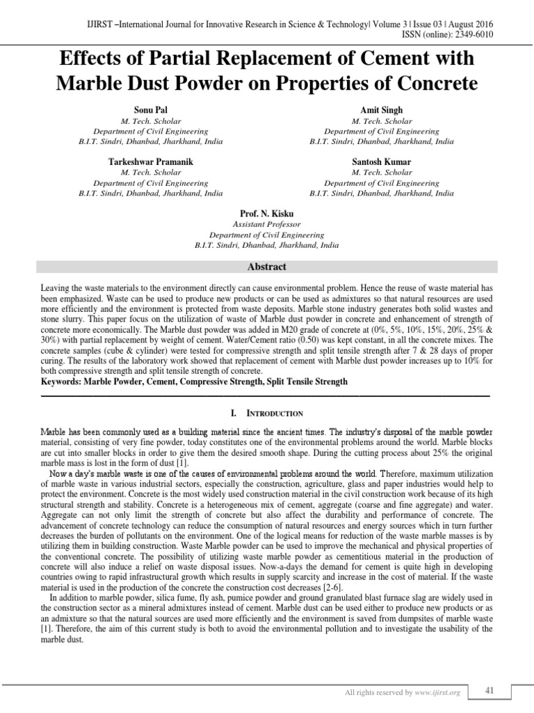 Effects of Partial Replacement of Cement With Marble Dust Powder On ...