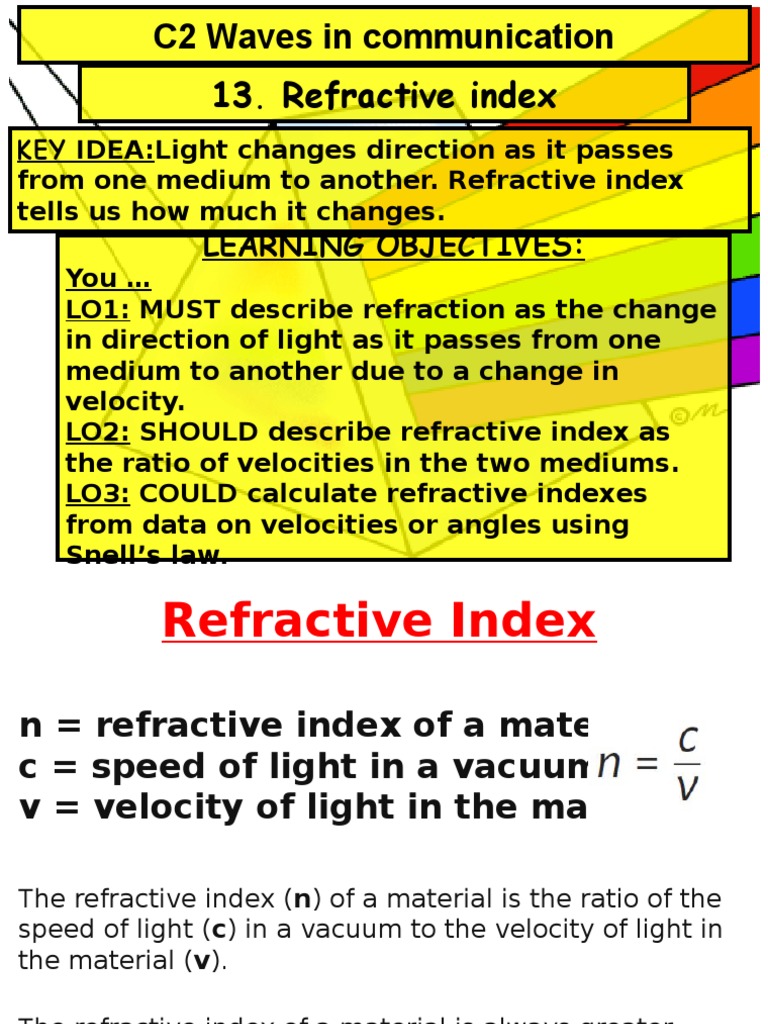 Lesson13 Refractive Index PDF Refraction Refractive Index