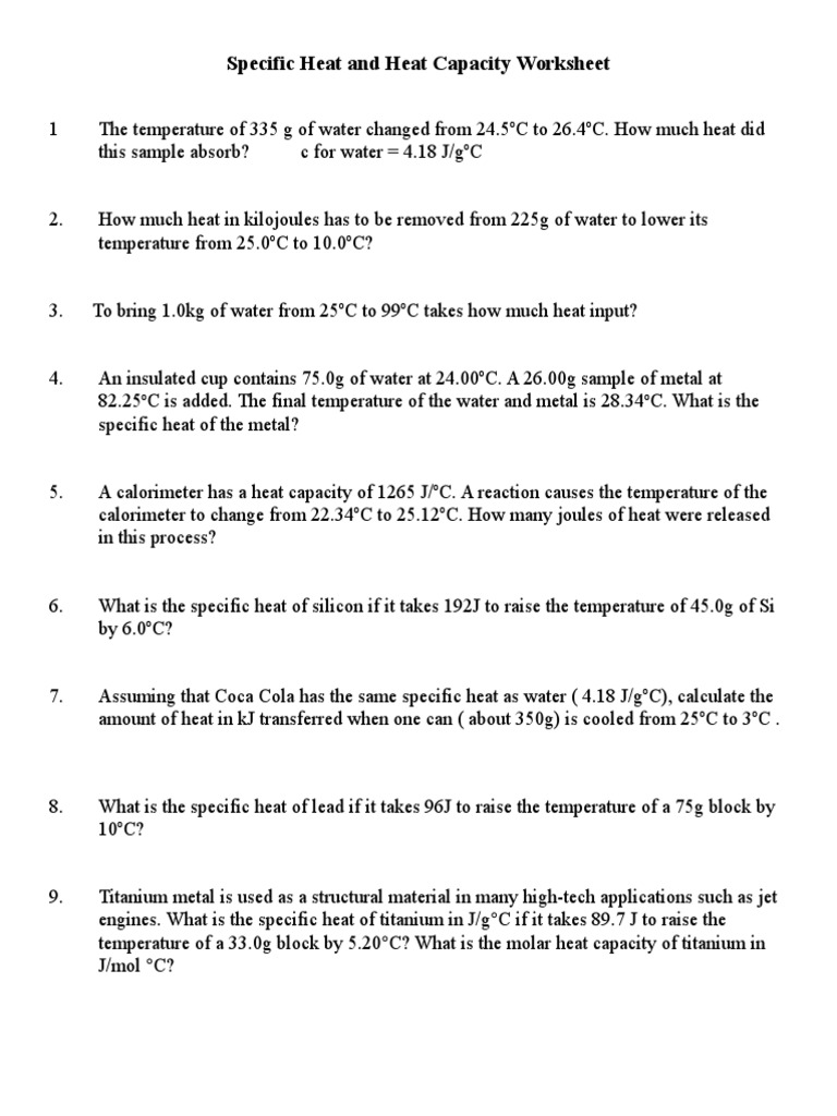 Specific Heat Capacity Worksheet No Answers Regarding Specific Heat Worksheet Answer Key
