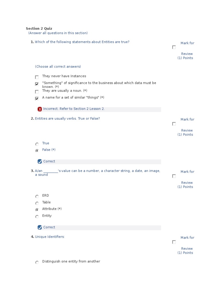 Section 2 Quiz Pdf Conceptual Model Data Model