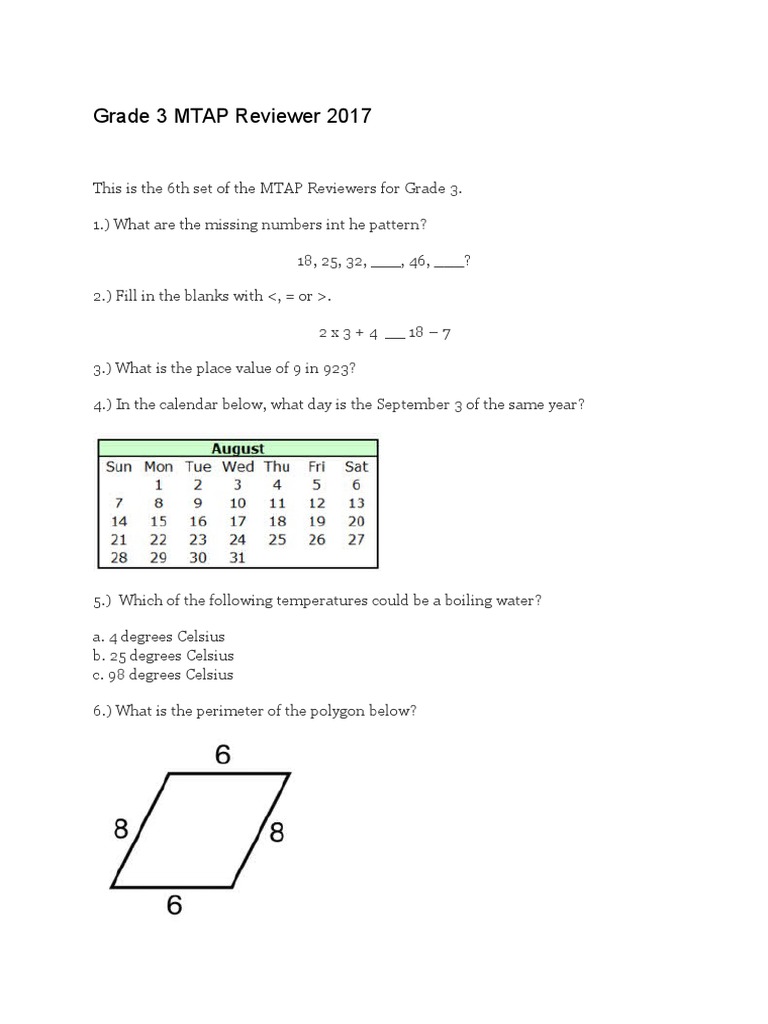 Grade 3 MTAP Reviewer 2017 | PDF | Celsius | International System Of Units