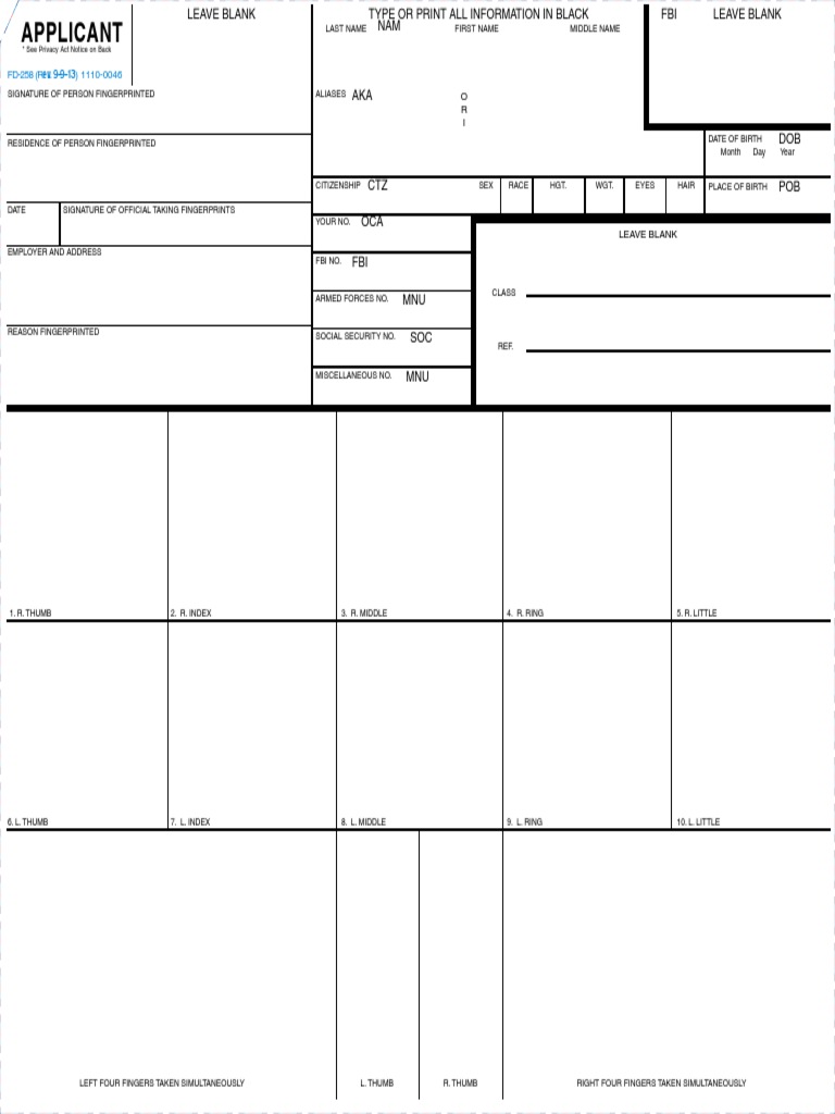Standard Fingerprint Form FD 258 1 | PDF | Fingerprint | Federal Bureau Of  Investigation