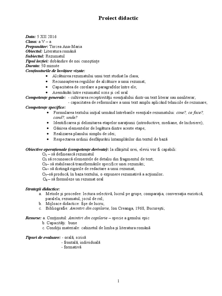 Proiect Didactic - Clasa A 5-A | PDF