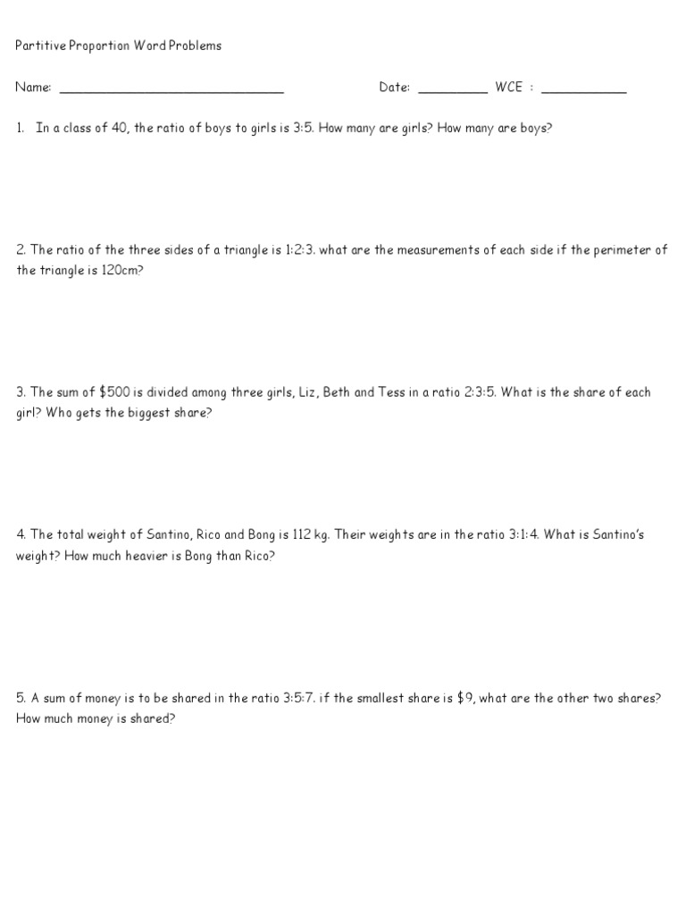 Partitive Proportions Word Problems  PDF  Ratio  Triangle In Proportion Word Problems Worksheet