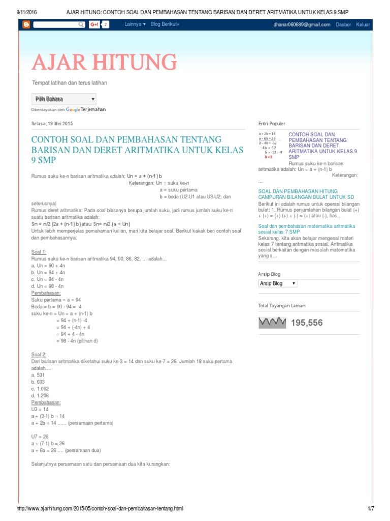Contoh Soal Dan Pembahasan Dan Deret Aritmatika Untuk Kelas 9 Smp