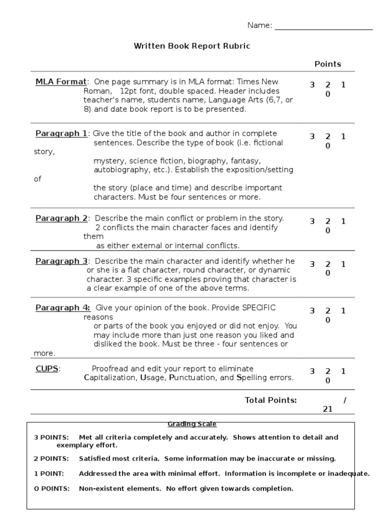Book report rubric pdf image