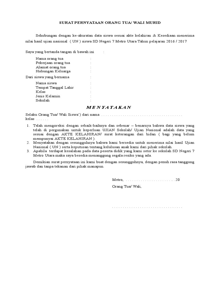 A Surat Pernyataan Orang Tua 1 Pdf