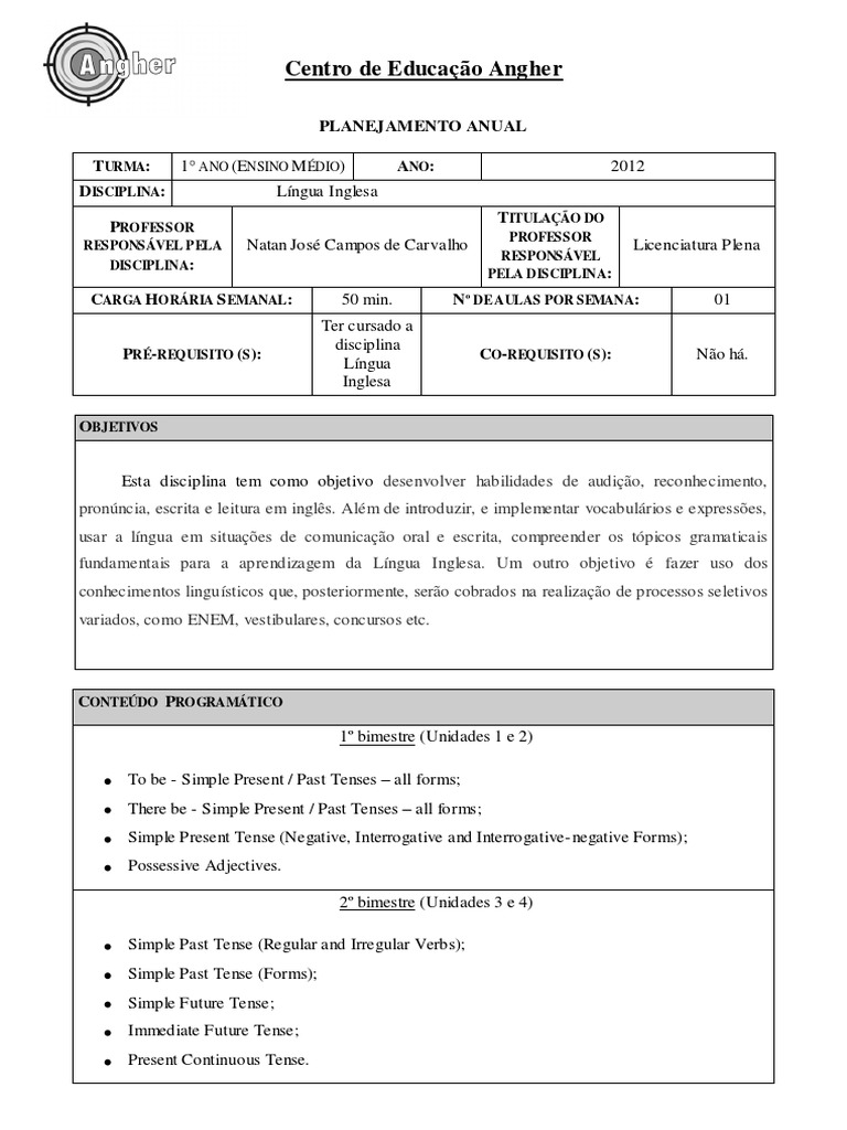 Planejamento Anual de Ingles PDF | PDF | Língua inglesa | Comunicação ...
