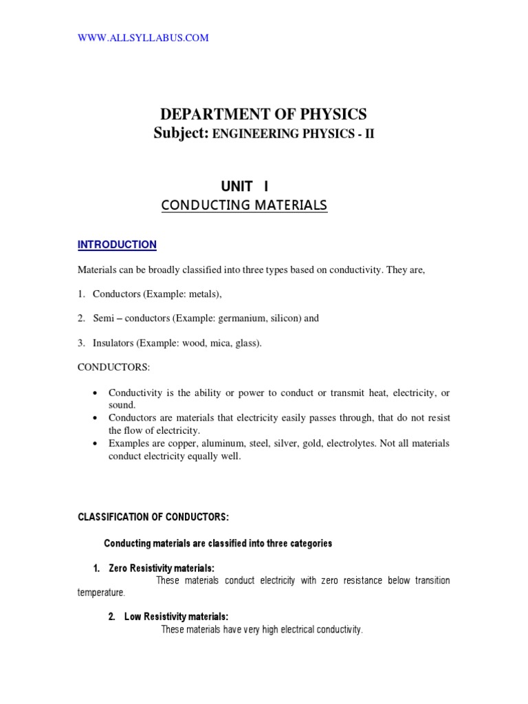 Engineering Physics Ii Second Semester Anna University Lecturer Notes Electrical Resistivity And Conductivity Electron