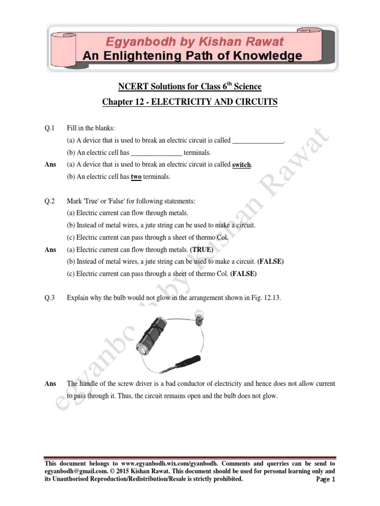 class 6chapter 12 electricity and circuits