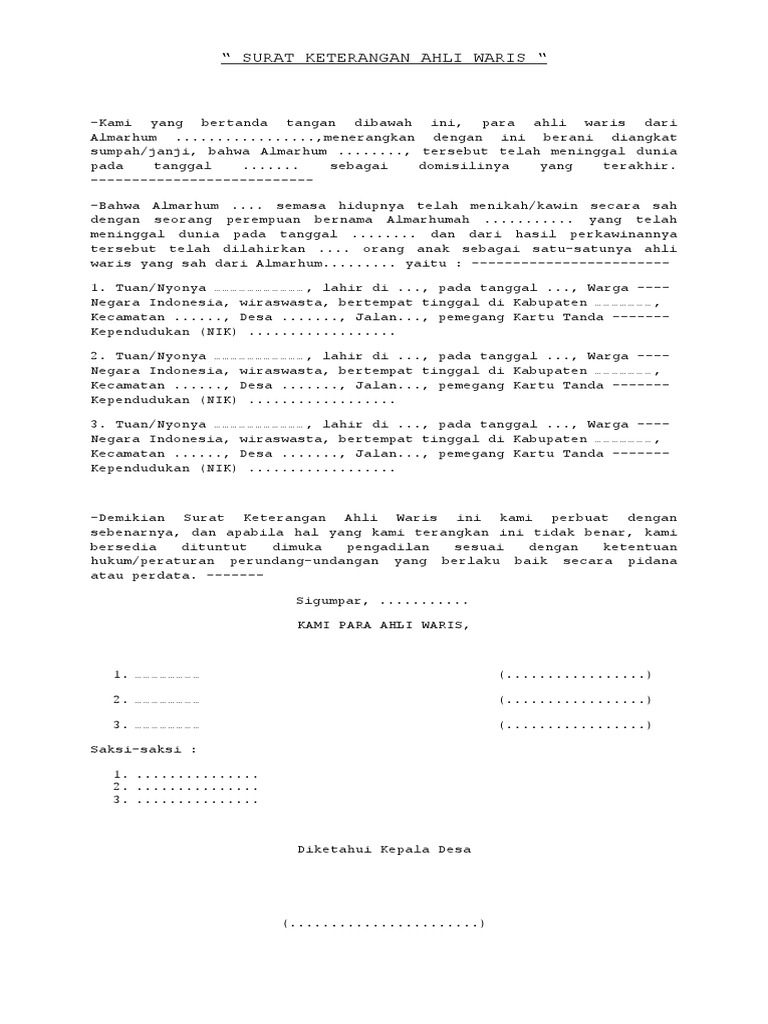 Contoh Surat Contoh Surat Keterangan Waris Sesuai Peraturan Perundang Undangan