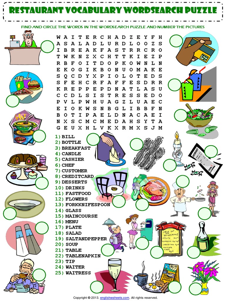 at the restaurant wordsearch puzzle vocabulary worksheet pdf