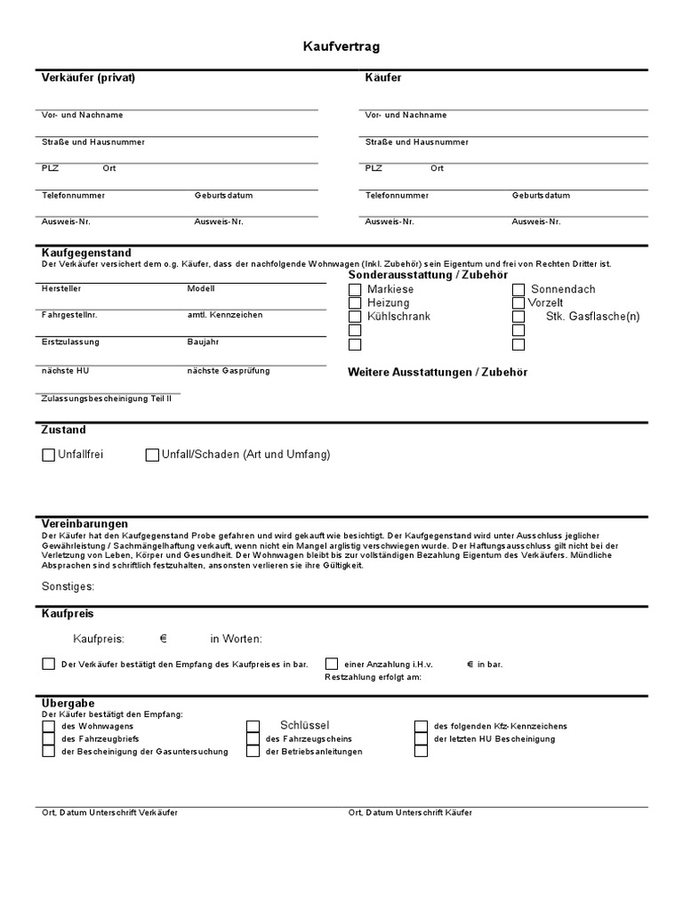 Kaufvertrag Über Einen Gebrauchten Wohnwagen Kostenlos