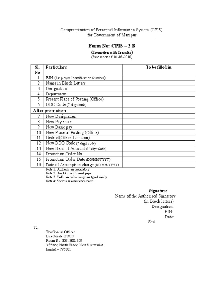 Form No: CPIS - 2 B) : After Promotion | PDF | Business
