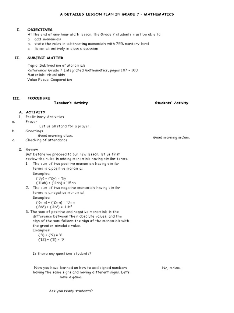 Detailed Lesson Plan On Monomials Lesson Plan Subtraction