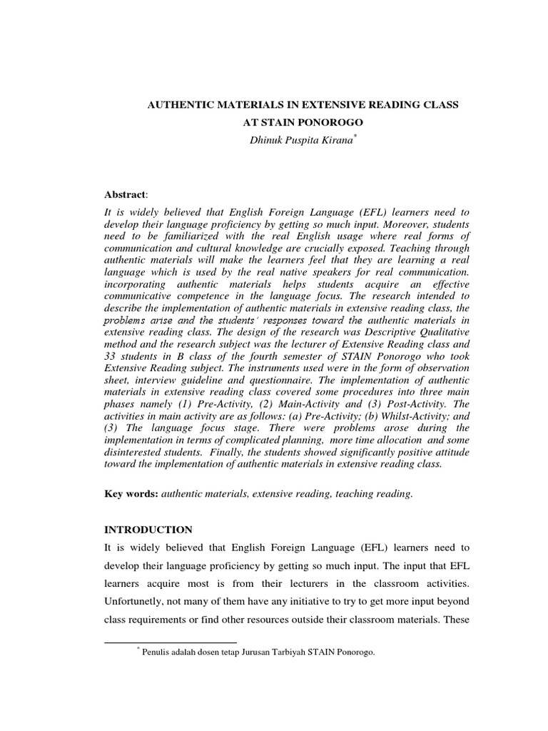 Authentic Materials in Extensive Reading Class English As A Second Or