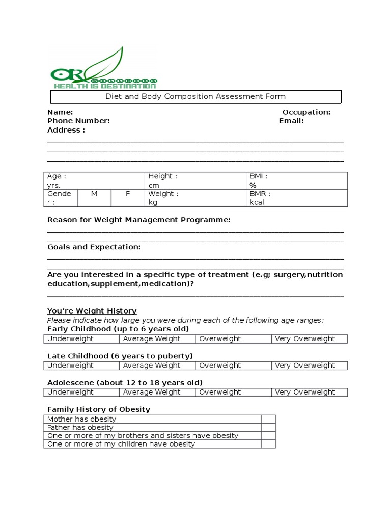 Ar Wellness Assessment Form PDF Meal Obesity
