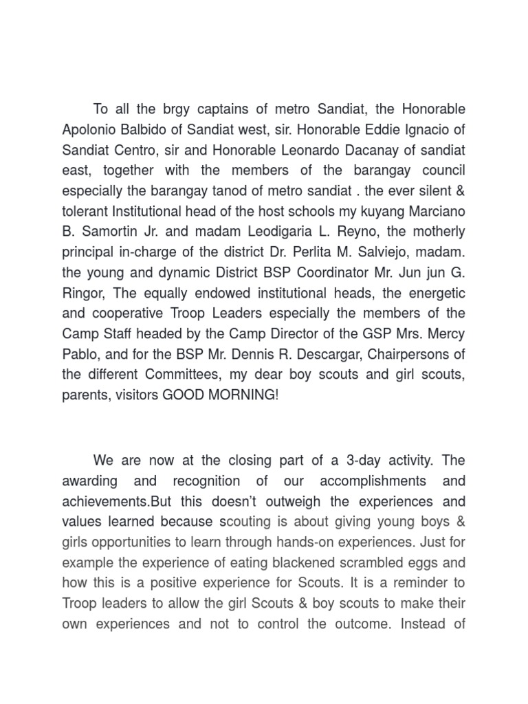 Remarks For Closing Prog In Scouting Pdf
