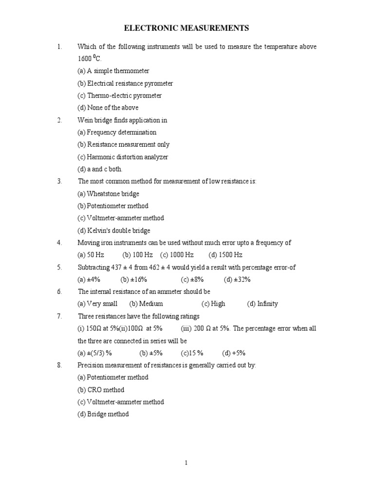Electronic Measurements MCQ PDF PDF Electrical Resistance And
