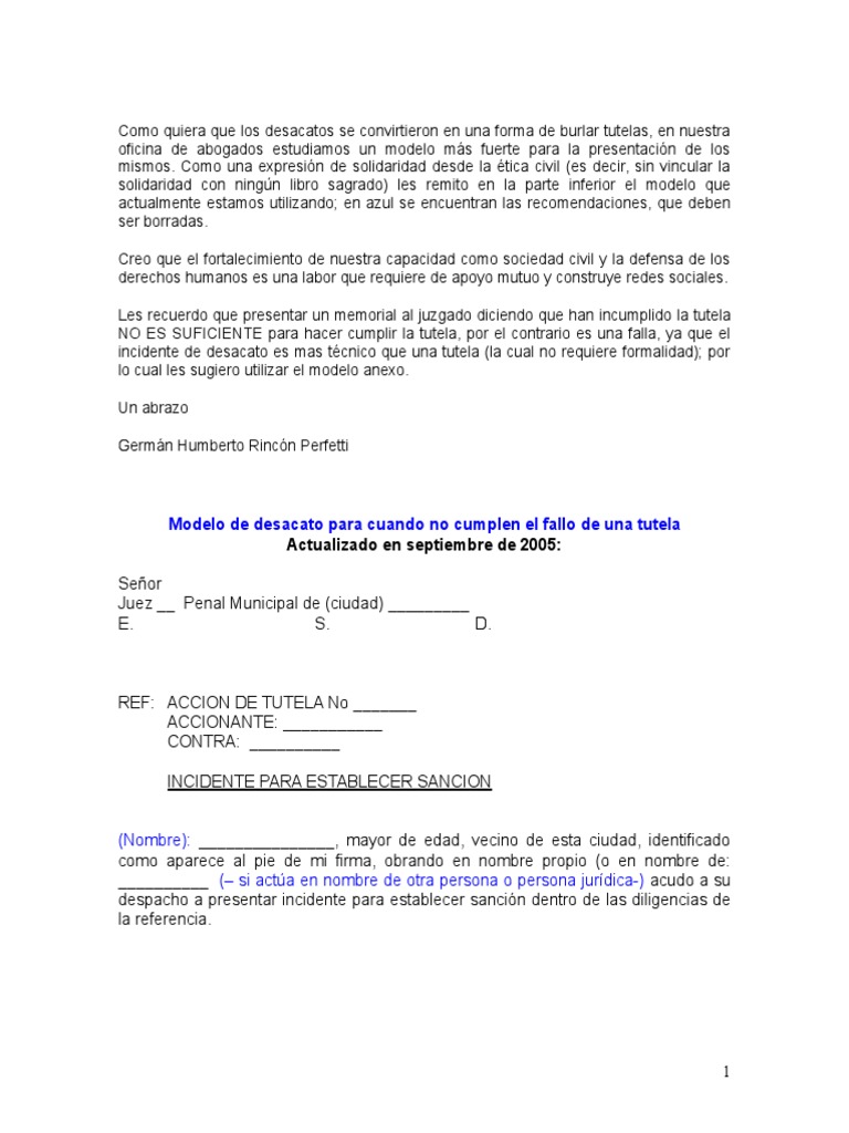 Minuta Modelo Desacato de Tutela Colombia | PDF
