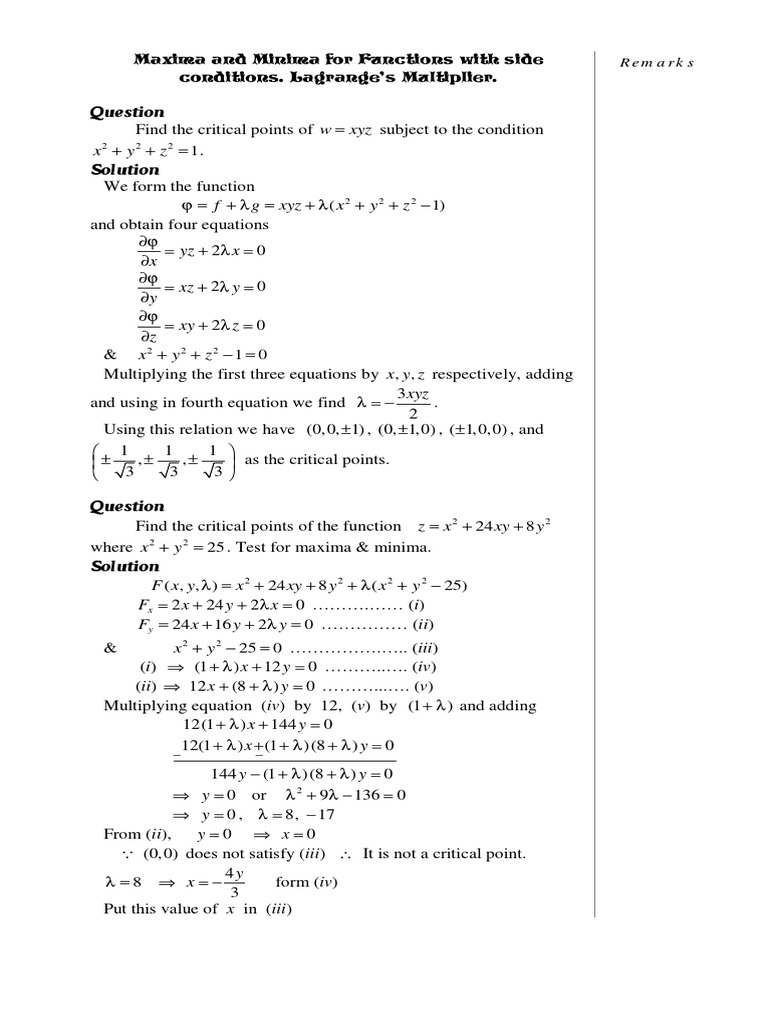 Maxiam Minima With Side Condition Maxima And Minima Analysis