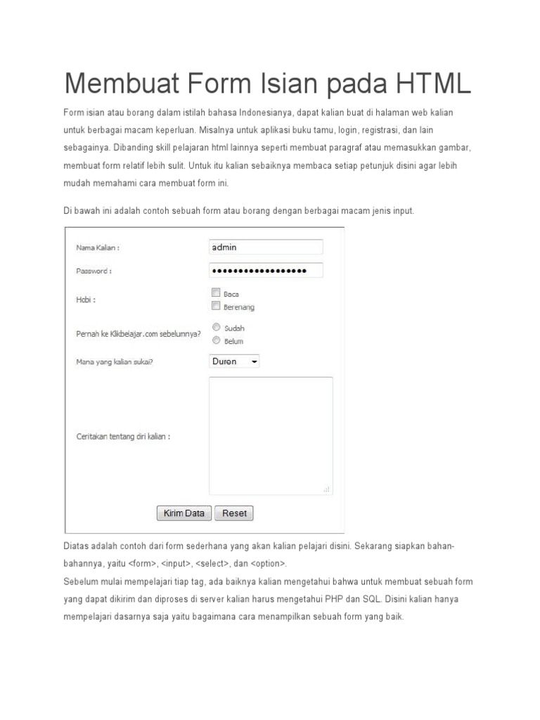 Membuat Form Isian Pada HTML | PDF