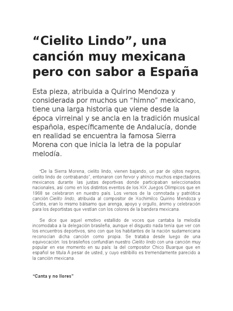 Letra De La Cancion Cielito Lindo Original Y Completa