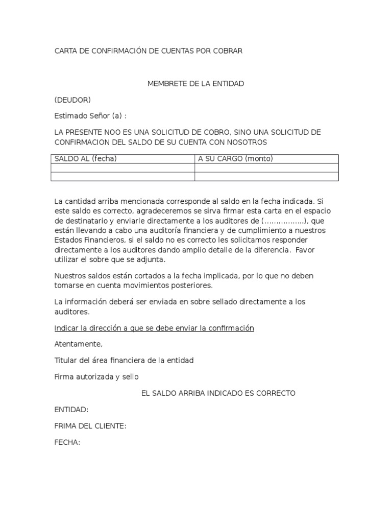 Carta de Confirmación de Cuentas Por Cobrar | PDF