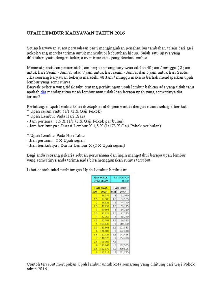 Upah Lembur Karyawan Tahun 2016