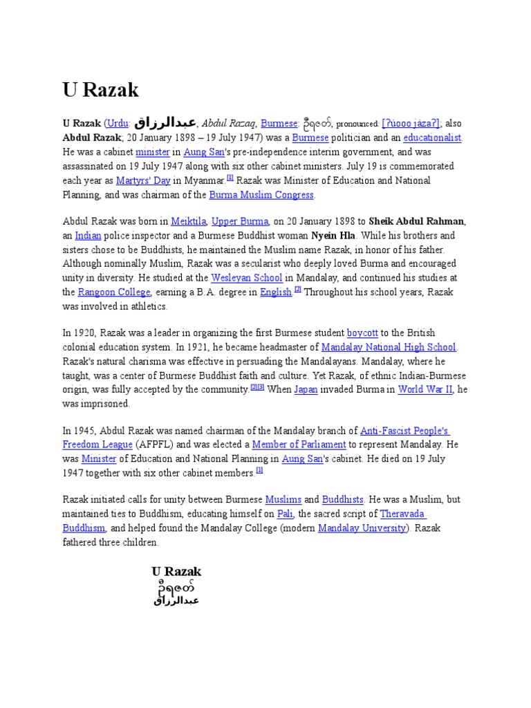 U Razak: Burmese Politician's Legacy | PDF | Politics