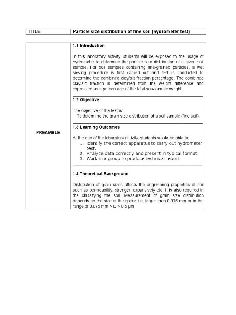 Lab SoilHydrometer Test PDF Particle Size Distribution Soil