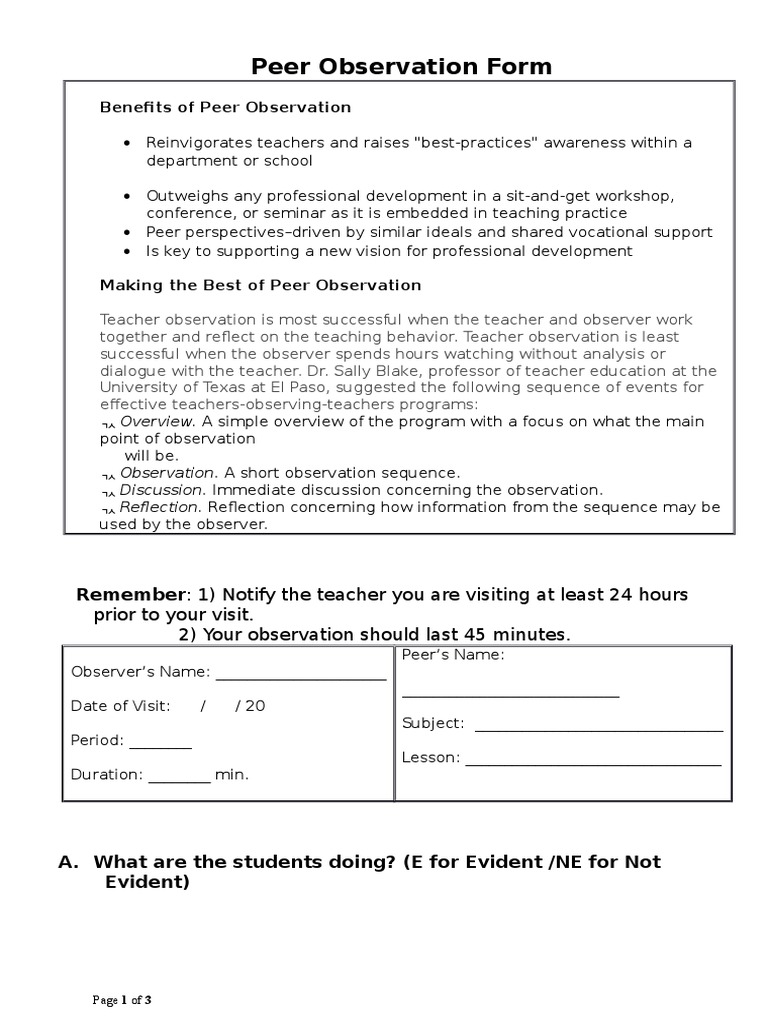 Peer Visit Form PDF Critical Thinking Educational Psychology