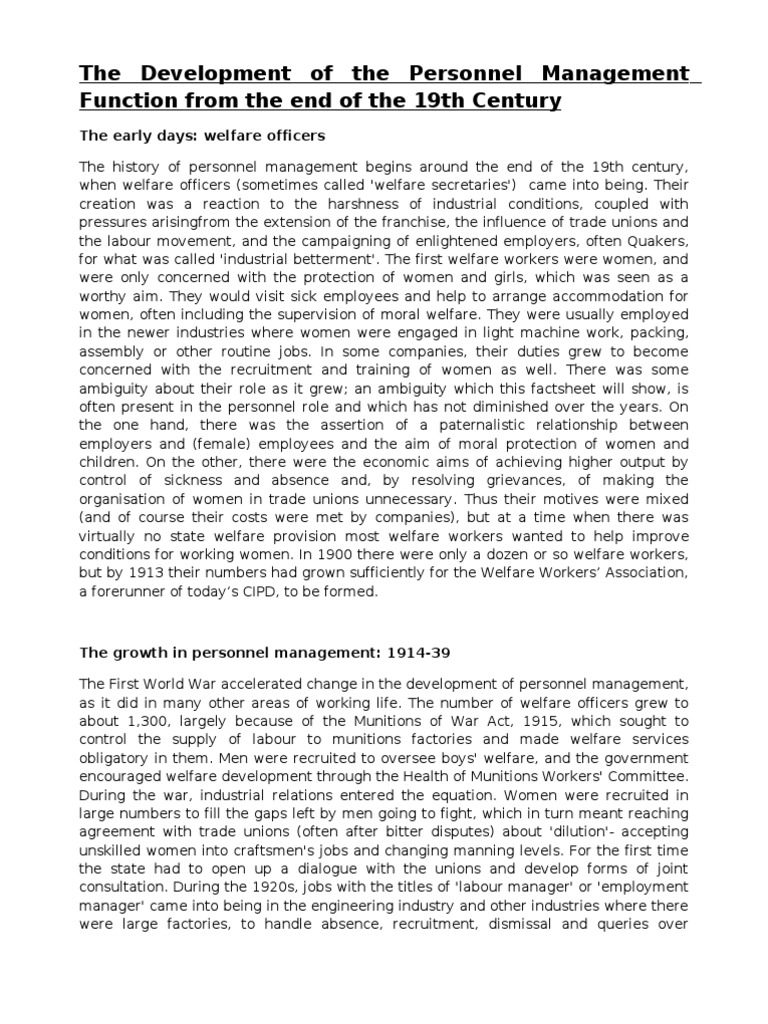 The Development of The Personnel Management Function From The End of
