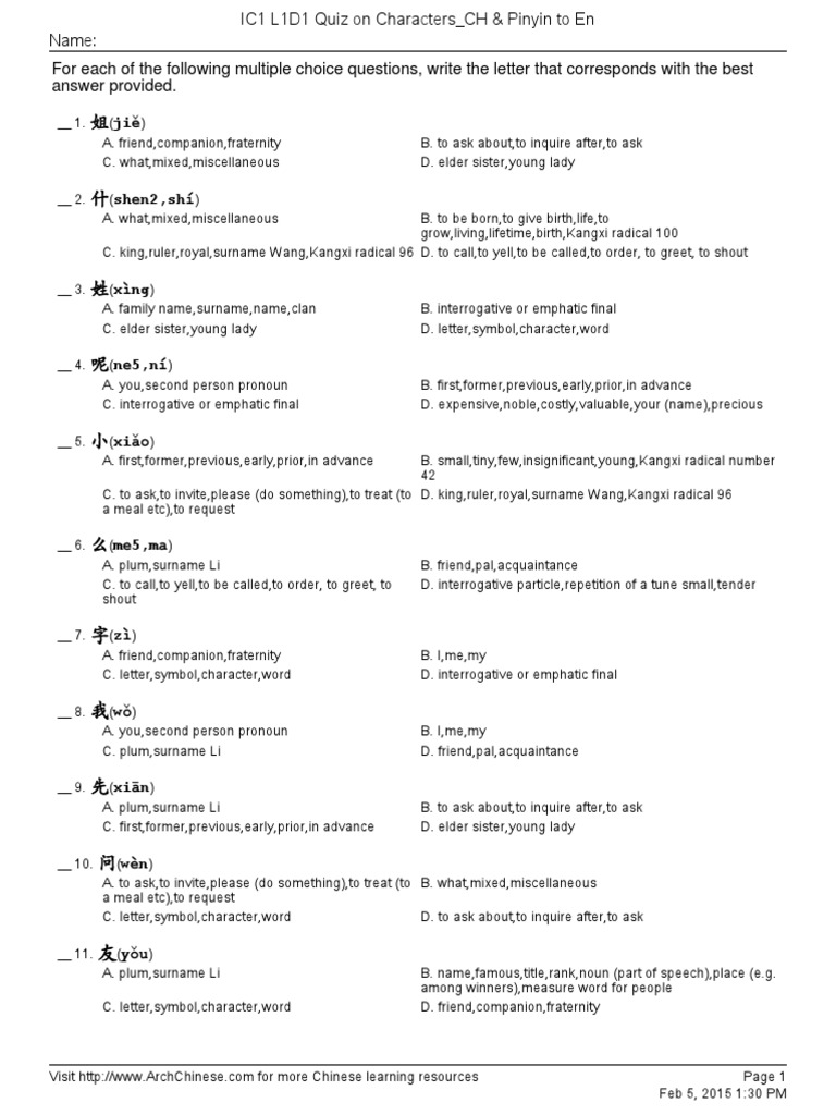 For Each of The Following Multiple Choice Questions, Write The Letter