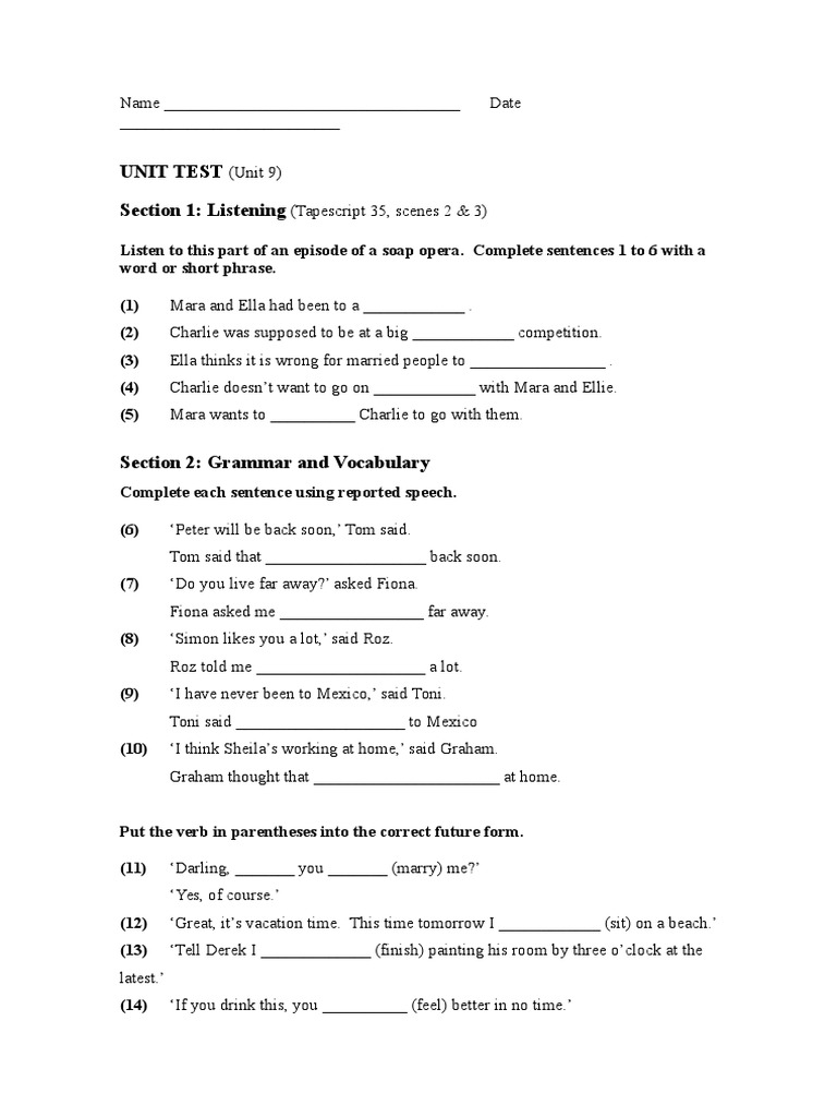 Unit Test on Listening, Grammar, Vocabulary and Reading Comprehension