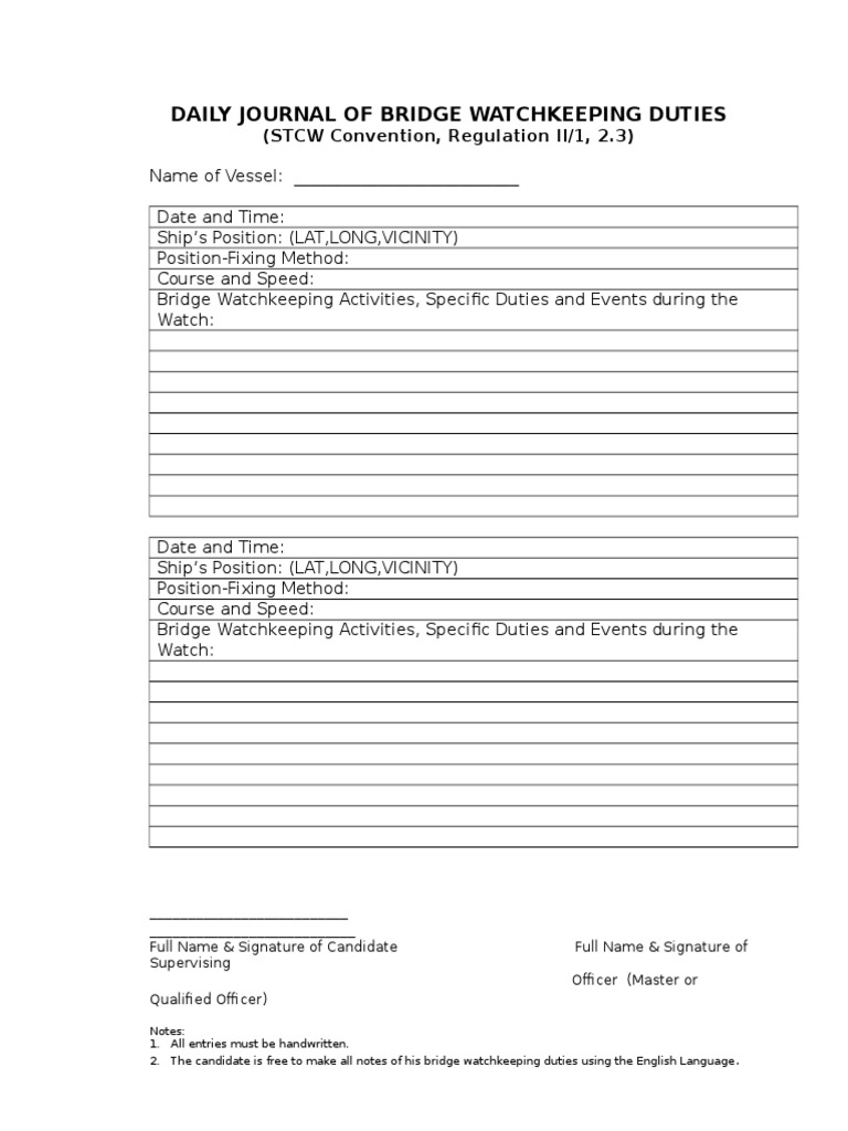 Daily Journal of Bridge Watchkeeping Duties | PDF | Water 